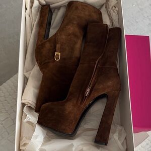 Yves Saint Laurent Dark Brown Suede Heeled Boots-NEW